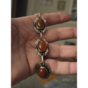 Carnelian Sterling Link Bracelet  Carnelian Cabachons 925 Stamped Estate Find